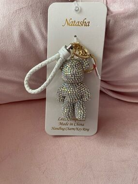 Natasha Denona Iridescent Crystal Teddy Bear Key Charm with White Braided Strap